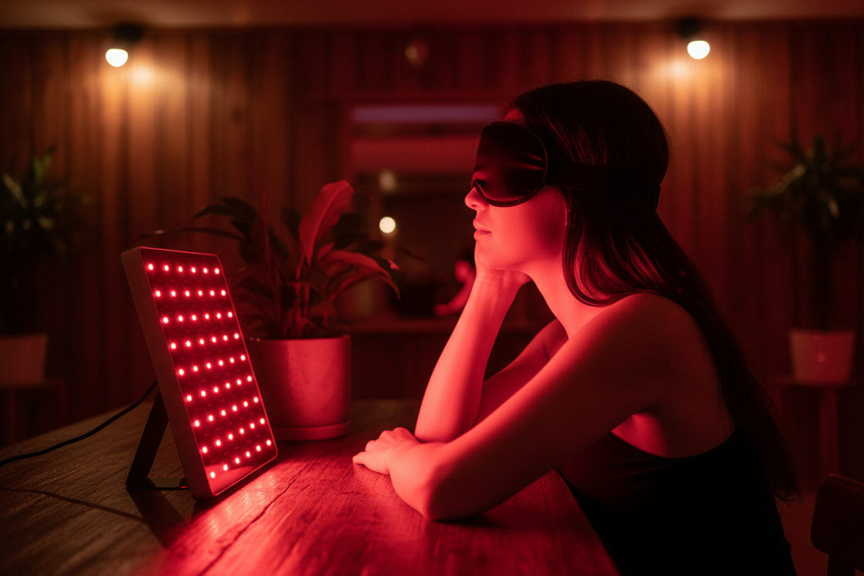 L’image montre une scène calme et chaleureuse, éclairée par une lumière rouge intense.

On y voit une femme assise à une table en bois, de profil, le visage tourné vers un panneau de luminothérapie rouge posé devant elle. Elle porte un masque noir sur les yeux, ce qui suggère une séance de relaxation ou de soin. Sa posture est détendue : elle repose sa tête sur sa main, l’air paisible.

La lumière rouge émise par l’appareil illumine son visage, son cou et ses épaules, donnant à la scène une ambiance douce, 